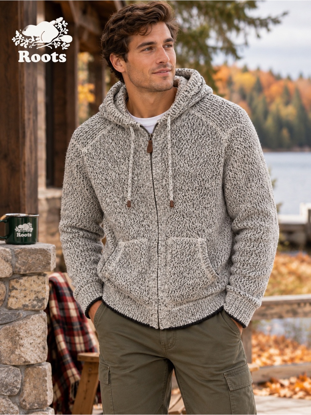Roots Men's Size Medium Heather Grey Zip-Front Hoodie Sweater